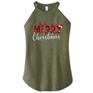 Merry Christmas Buffalo Plaid Red Santa Hat Xmas Pajamas Women's Perfect Tri Rocker Tank