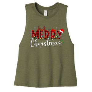 Merry Christmas Buffalo Plaid Red Santa Hat Xmas Pajamas Women's Racerback Cropped Tank