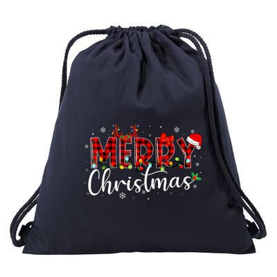 Merry Christmas Buffalo Plaid Red Santa Hat Xmas Pajamas Drawstring Bag