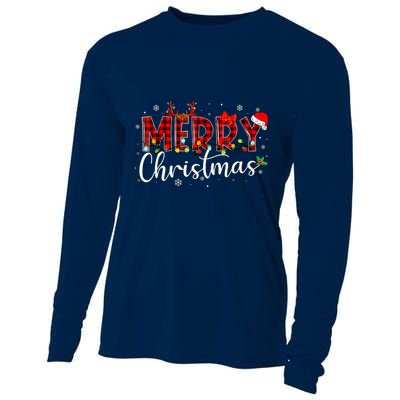 Merry Christmas Buffalo Plaid Red Santa Hat Xmas Pajamas Cooling Performance Long Sleeve Crew