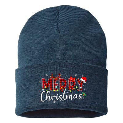Merry Christmas Buffalo Plaid Red Santa Hat Xmas Pajamas Sustainable Knit Beanie