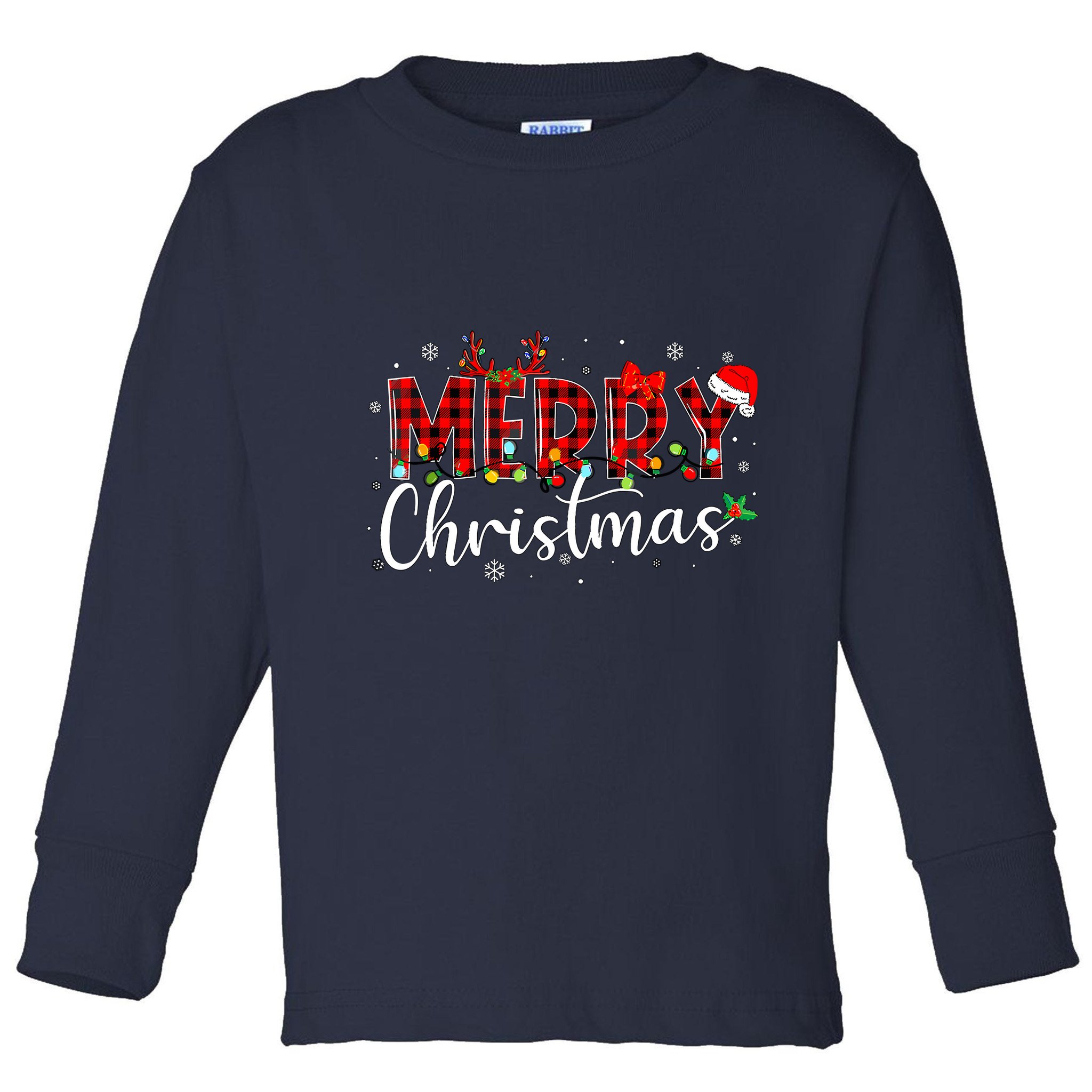 Merry Christmas Buffalo Plaid Red Santa Hat Xmas Pajamas Toddler Long Sleeve Shirt