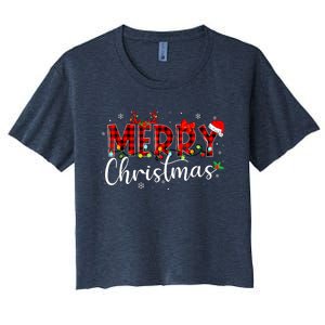 Merry Christmas Buffalo Plaid Red Santa Hat Xmas Pajamas Women's Crop Top Tee