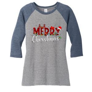 Merry Christmas Buffalo Plaid Red Santa Hat Xmas Pajamas Women's Tri-Blend 3/4-Sleeve Raglan Shirt