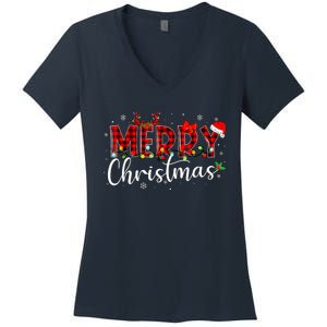 Merry Christmas Buffalo Plaid Red Santa Hat Xmas Pajamas Women's V-Neck T-Shirt