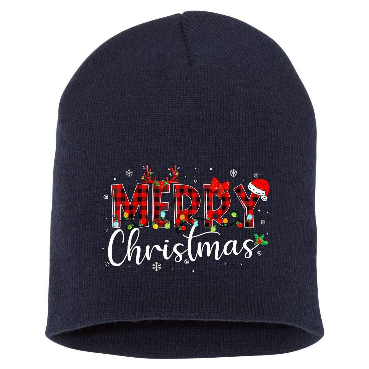 Merry Christmas Buffalo Plaid Red Santa Hat Xmas Pajamas Short Acrylic Beanie