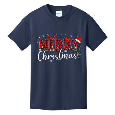 Merry Christmas Buffalo Plaid Red Santa Hat Xmas Pajamas Kids T-Shirt
