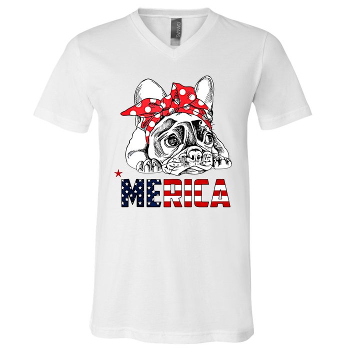 Merica Cute Bulldog 4th Of July V-Neck T-Shirt