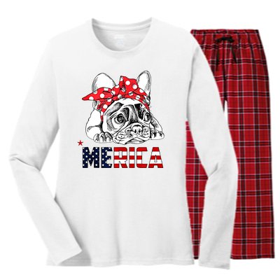 Merica Cute Bulldog 4th Of July Women's Long Sleeve Flannel Pajama Set 