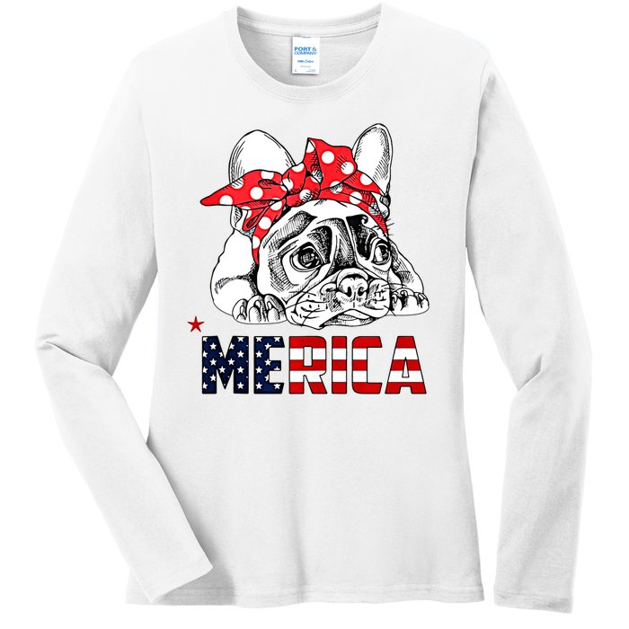 Merica Cute Bulldog 4th Of July Ladies Long Sleeve Shirt