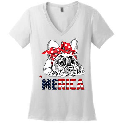 Merica Cute Bulldog 4th Of July Women's V-Neck T-Shirt