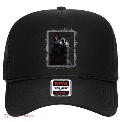 Mysterious Cat Black With Deep Yellow Eyes For Cat Lovers High Crown Mesh Back Trucker Hat