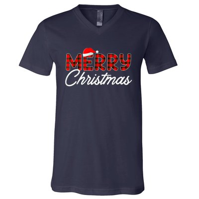 Merry Christmas Buffalo Plaid Red Santa Hat Xmas Pajamas V-Neck T-Shirt