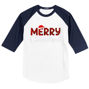 Merry Christmas Buffalo Plaid Red Santa Hat Xmas Pajamas Baseball Sleeve Shirt