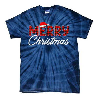 Merry Christmas Buffalo Plaid Red Santa Hat Xmas Pajamas Tie-Dye T-Shirt