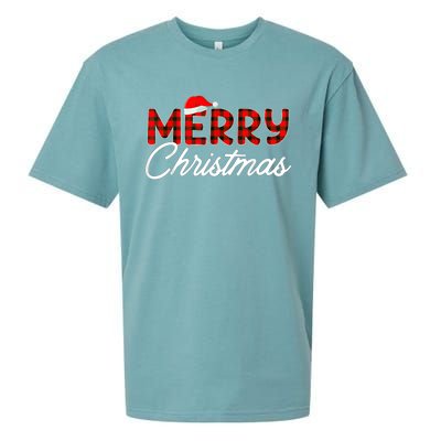 Merry Christmas Buffalo Plaid Red Santa Hat Xmas Pajamas Sueded Cloud Jersey T-Shirt