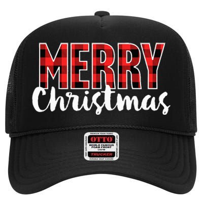 Merry Christmas Buffalo Plaid Red Santa Hat Xmas Pajamas  High Crown Mesh Back Trucker Hat