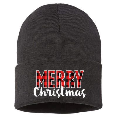 Merry Christmas Buffalo Plaid Red Santa Hat Xmas Pajamas  Sustainable Knit Beanie