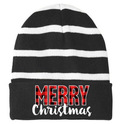 Merry Christmas Buffalo Plaid Red Santa Hat Xmas Pajamas  Striped Beanie with Solid Band