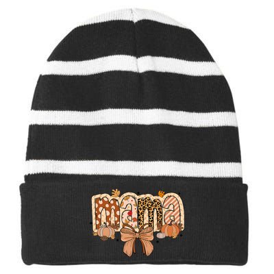 Mama Coquette Bows Leopard Mom Fall Thanksgiving Striped Beanie with Solid Band