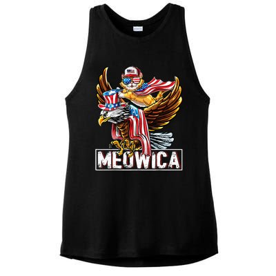 Meowica Cat Bald Eagle 4th Of July Patriotic American Flag Ladies PosiCharge Tri-Blend Wicking Tank