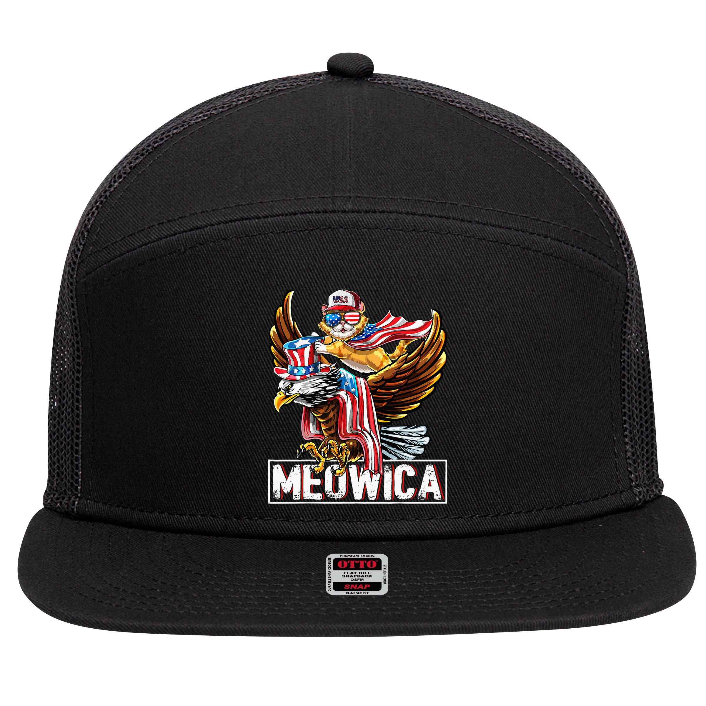 Meowica Cat Bald Eagle 4th Of July Patriotic American Flag 7 Panel Mesh Trucker Snapback Hat