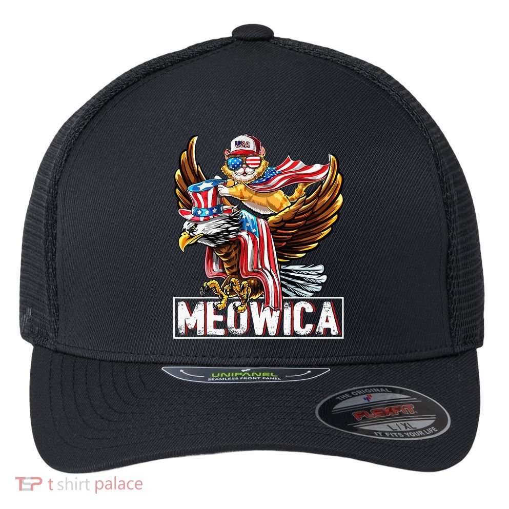 Meowica Cat Bald Eagle 4th Of July Patriotic American Flag Flexfit Unipanel Trucker Cap
