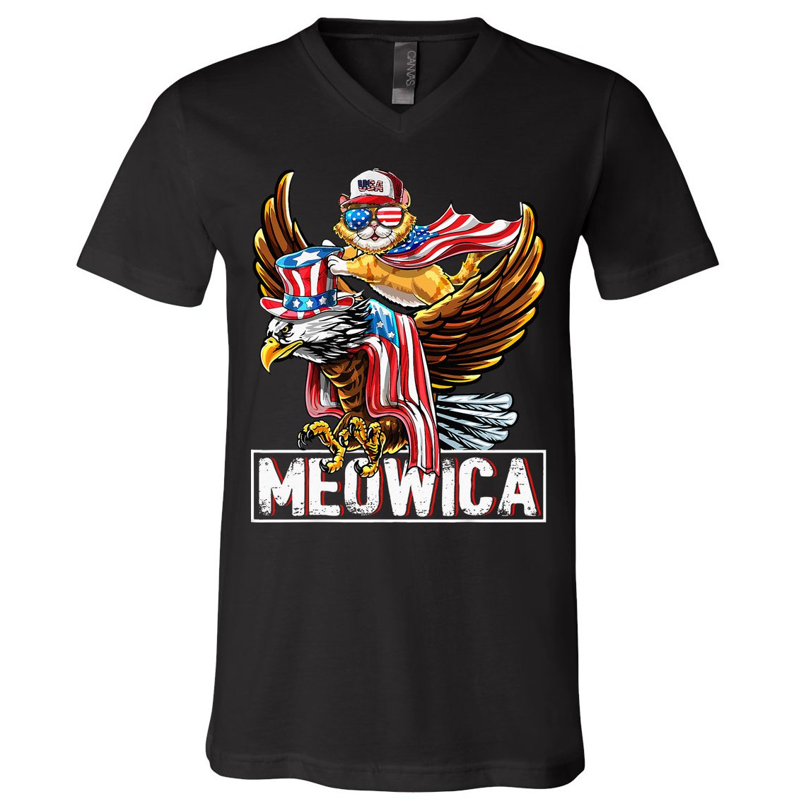 Meowica Cat Bald Eagle 4th Of July Patriotic American Flag V-Neck T-Shirt