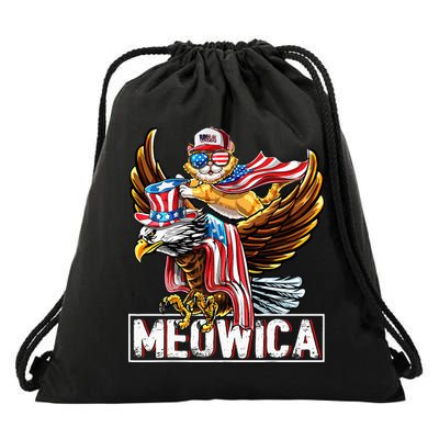Meowica Cat Bald Eagle 4th Of July Patriotic American Flag Drawstring Bag