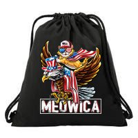 Meowica Cat Bald Eagle 4th Of July Patriotic American Flag Drawstring Bag