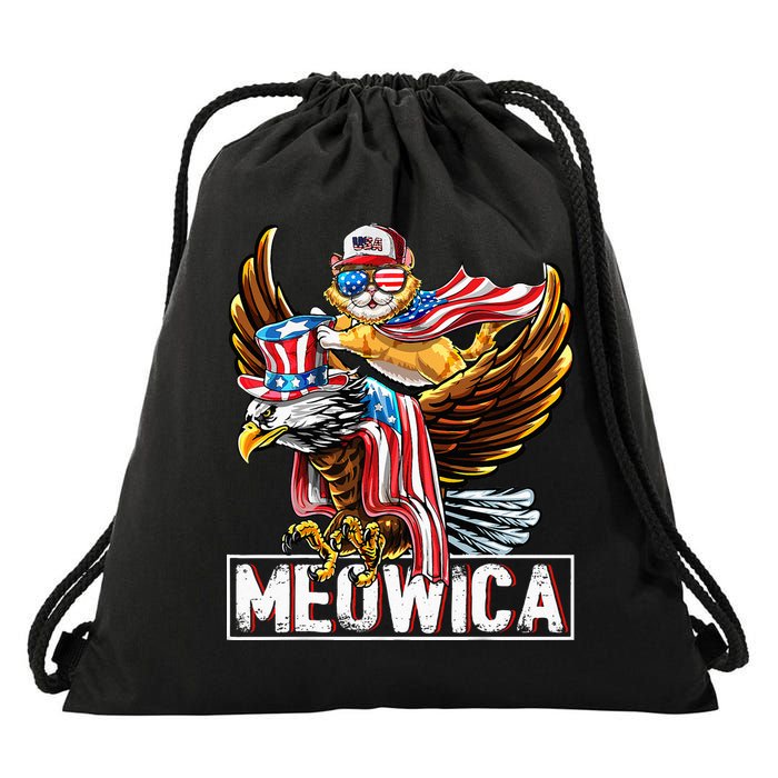 Meowica Cat Bald Eagle 4th Of July Patriotic American Flag Drawstring Bag