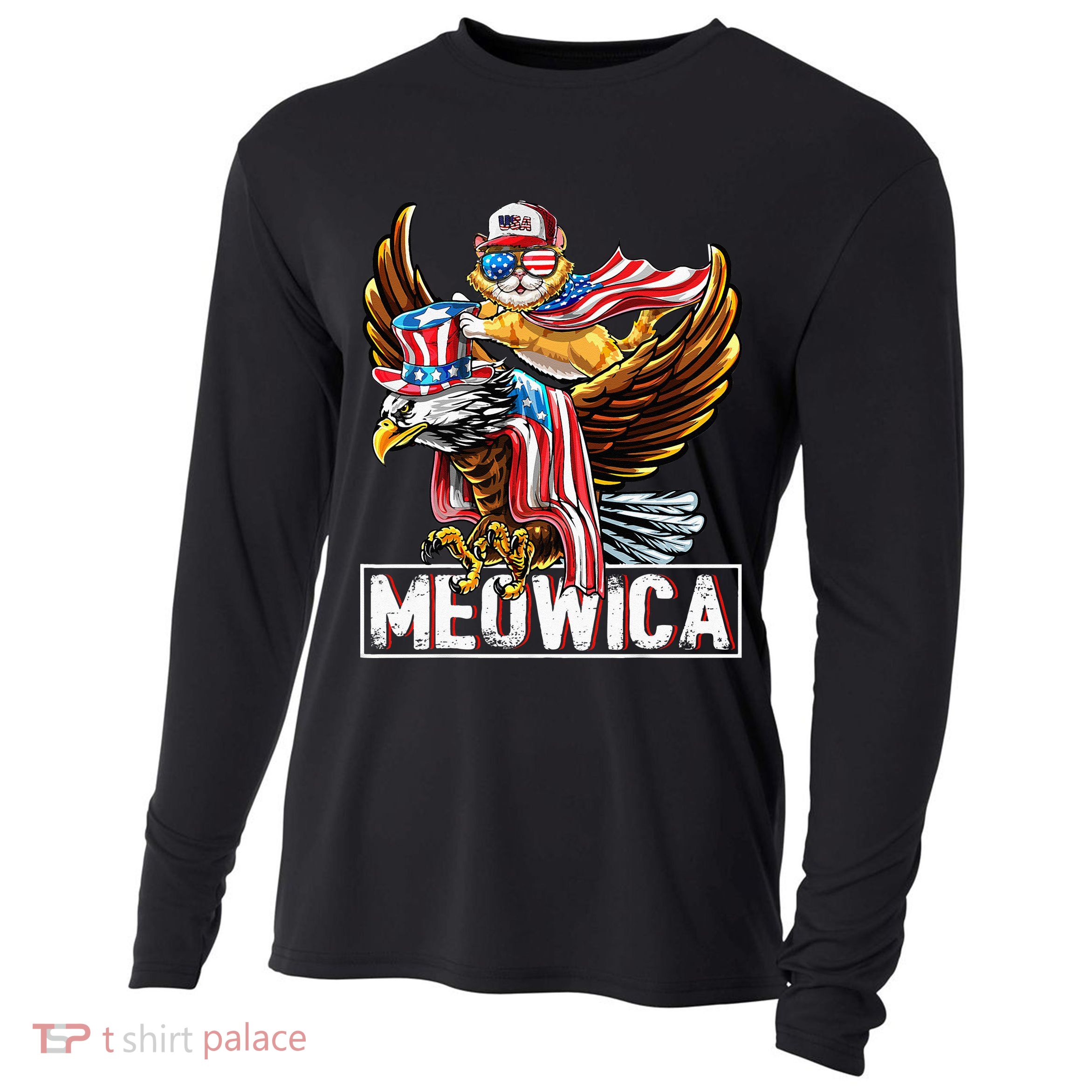 Meowica Cat Bald Eagle 4th Of July Patriotic American Flag Cooling Performance Long Sleeve Crew