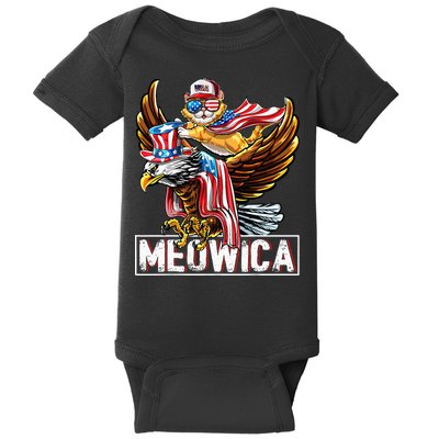 Meowica Cat Bald Eagle 4th Of July Patriotic American Flag Baby Bodysuit