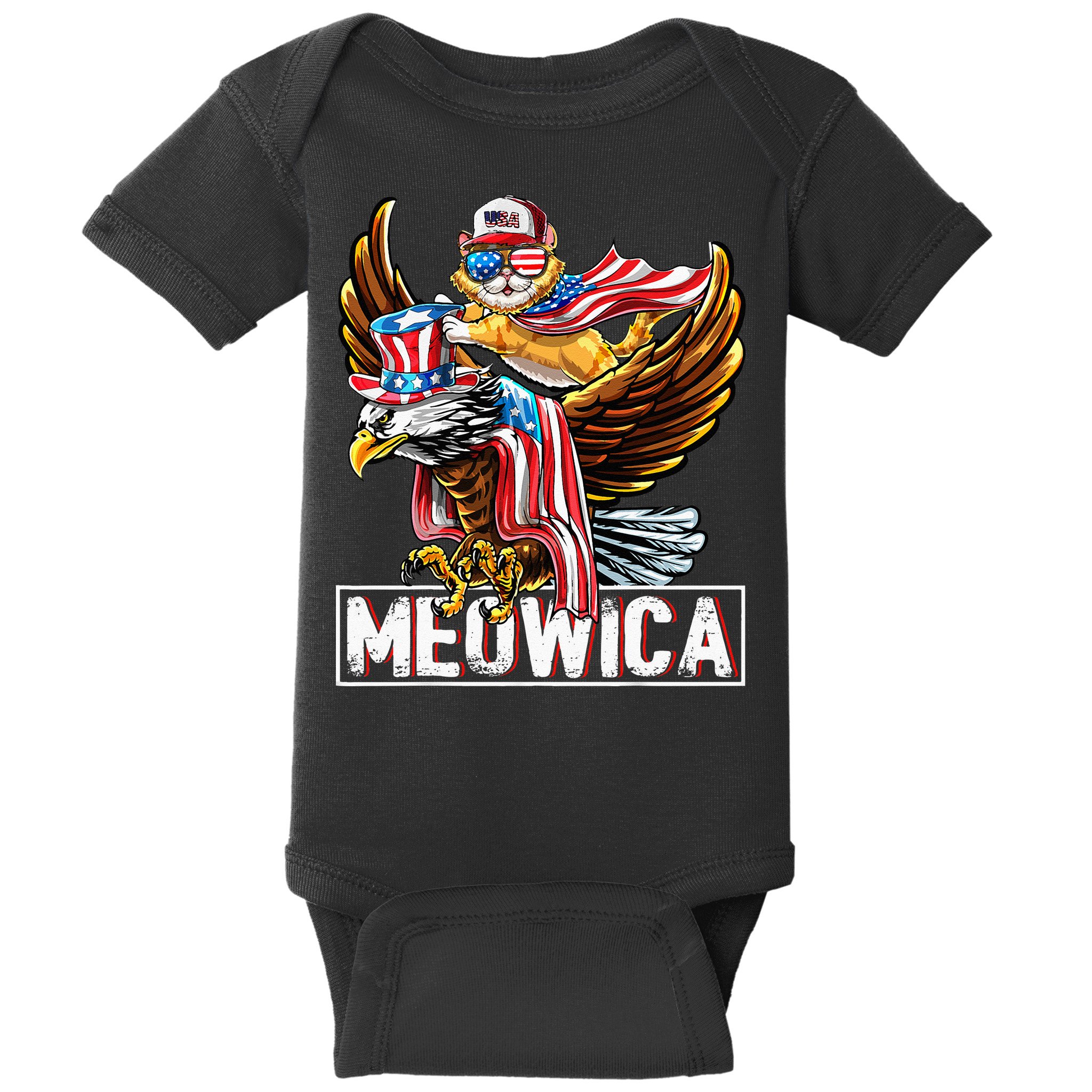 Meowica Cat Bald Eagle 4th Of July Patriotic American Flag Baby Bodysuit
