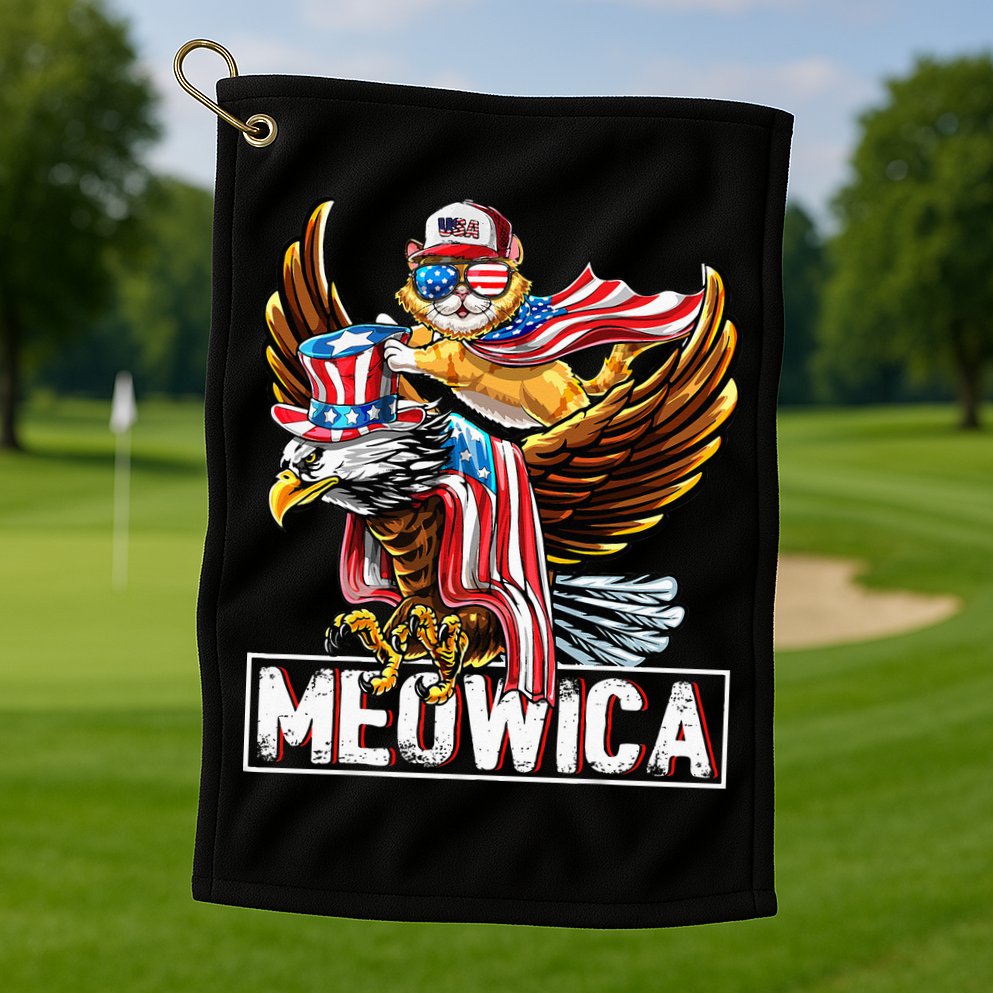 Meowica Cat Bald Eagle 4th Of July Patriotic American Flag Golf Towel