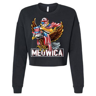 Meowica Cat Bald Eagle 4th Of July Patriotic American Flag Cropped Pullover Crew