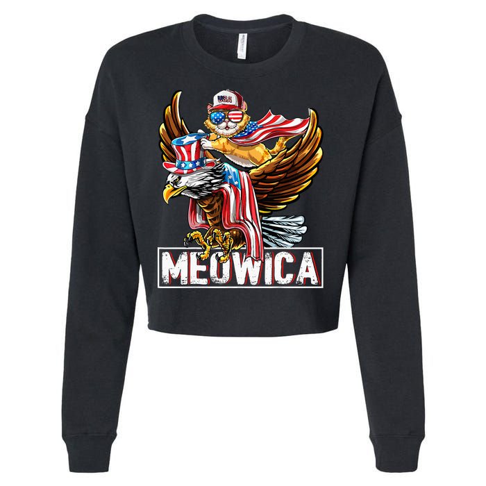 Meowica Cat Bald Eagle 4th Of July Patriotic American Flag Cropped Pullover Crew
