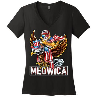 Meowica Cat Bald Eagle 4th Of July Patriotic American Flag Women's V-Neck T-Shirt