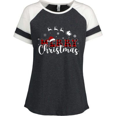 Merry Christmas Buffalo Plaid Red Santa Hat Xmas Pajamas  Enza Ladies Jersey Colorblock Tee