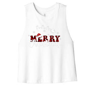 Merry Christmas Buffalo Plaid Red Santa Hat Xmas Pajamas  Women's Racerback Cropped Tank