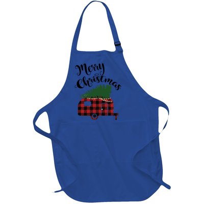 Merry Christmas Buffalo Plaid Camper Christmas Tree Gift Full-Length Apron With Pockets