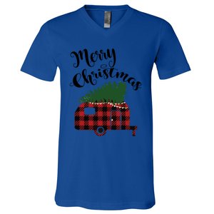 Merry Christmas Buffalo Plaid Camper Christmas Tree Gift V-Neck T-Shirt