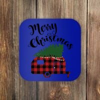 Merry Christmas Buffalo Plaid Camper Christmas Tree Gift Coaster