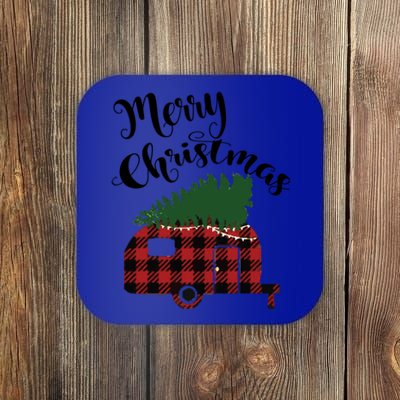 Merry Christmas Buffalo Plaid Camper Christmas Tree Gift Coaster