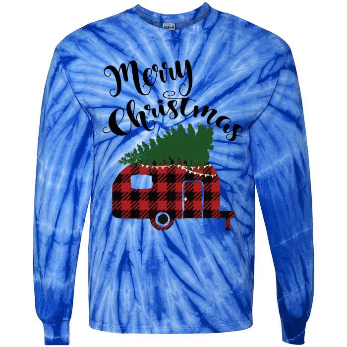 Merry Christmas Buffalo Plaid Camper Christmas Tree Gift Tie-Dye Long Sleeve Shirt