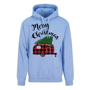 Merry Christmas Buffalo Plaid Camper Christmas Tree Gift Unisex Surf Hoodie