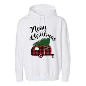 Merry Christmas Buffalo Plaid Camper Christmas Tree Gift Garment-Dyed Fleece Hoodie