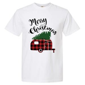 Merry Christmas Buffalo Plaid Camper Christmas Tree Gift Garment-Dyed Heavyweight T-Shirt