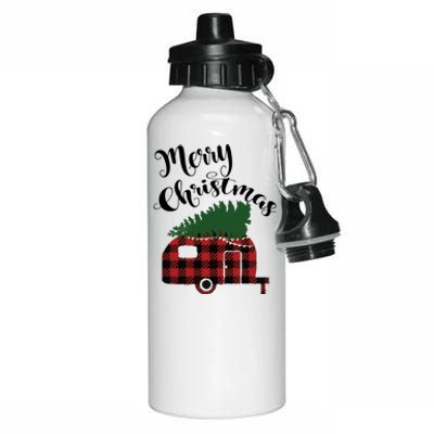 Merry Christmas Buffalo Plaid Camper Christmas Tree Gift Aluminum Water Bottle