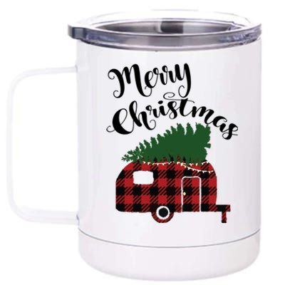 Merry Christmas Buffalo Plaid Camper Christmas Tree Gift 12 oz Stainless Steel Tumbler Cup